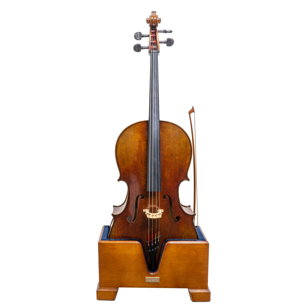 MI&VI Classic Wooden Cello Box Stand 4/4 Full Size - Burgundy Red Velvet Plush Cushion Wood Cello Stand with Bow Storage Holder Slot Included