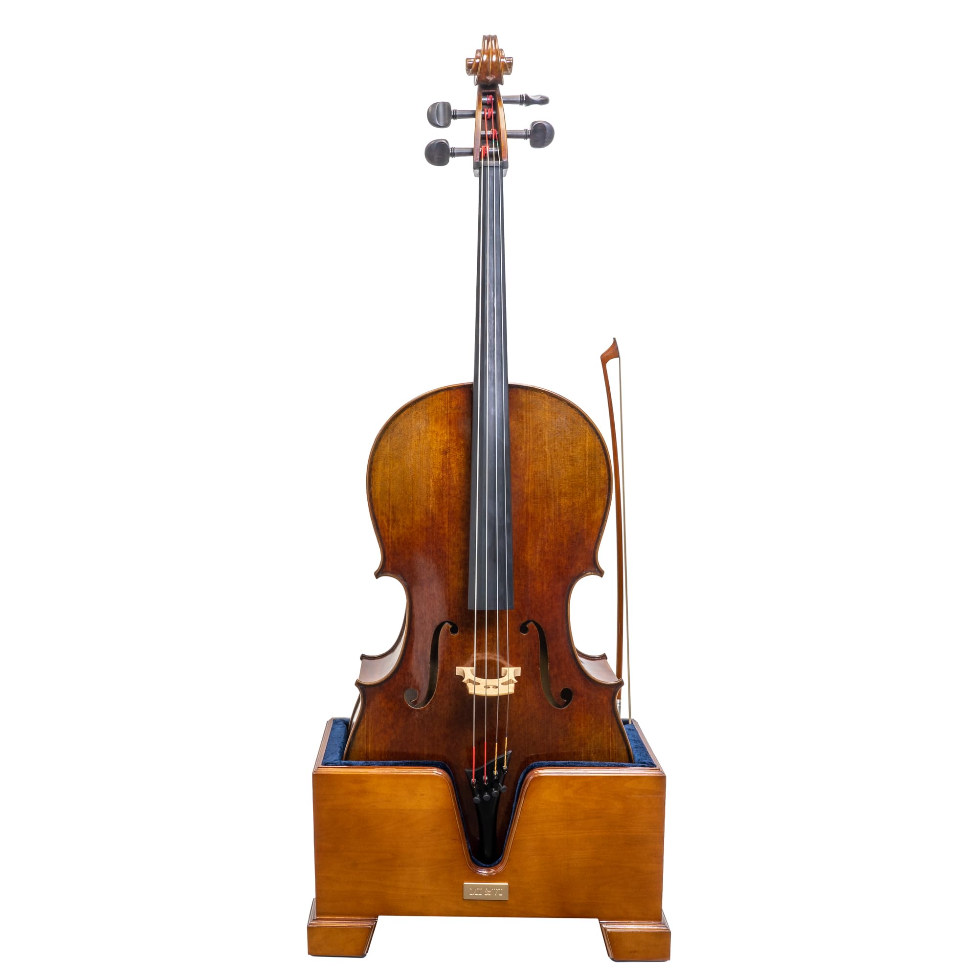 MI&VI Classic Wooden Cello Box Stand 4/4 Full Size - Burgundy Red Velvet Plush Cushion Wood Cello Stand with Bow Storage Holder Slot Included