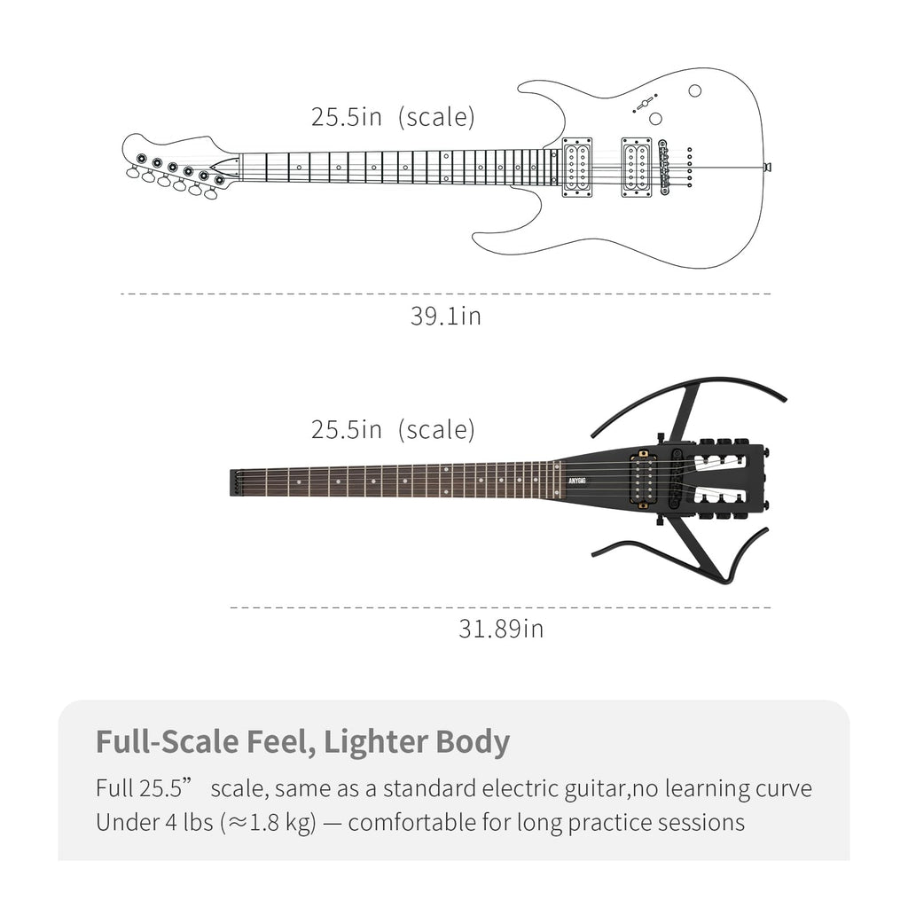 Anygig Travel Electric Guitar Headless – Portable Ultra-Light and Quiet, Full-Scale 25.5” Rosewood Fingerboard, Glow Humbucker, Gig Bag, Removable Stands for Left and Right Black