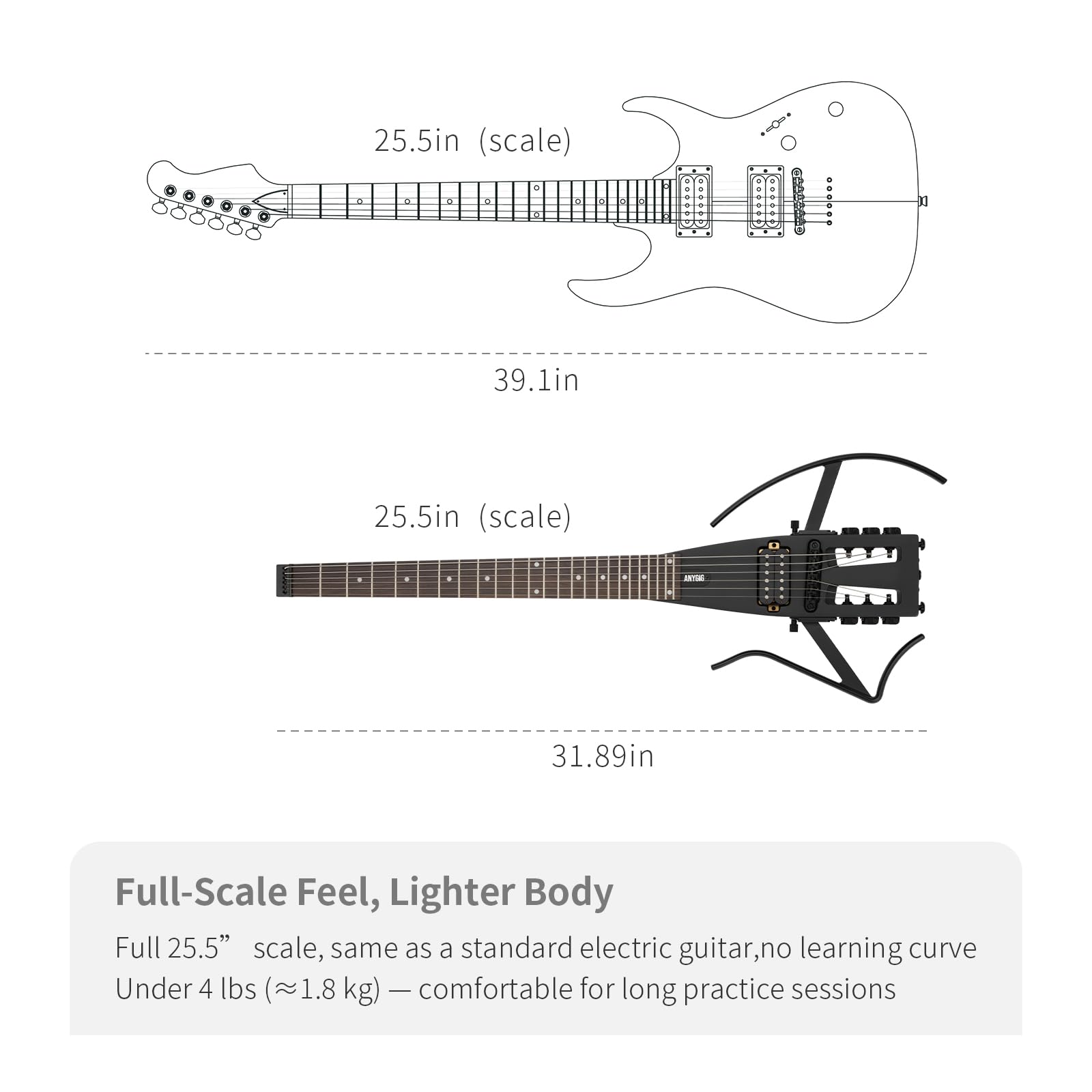 Anygig Travel Electric Guitar Headless – Portable Ultra-Light and Quiet, Full-Scale 25.5” Rosewood Fingerboard, Glow Humbucker, Gig Bag, Removable Stands for Left and Right Black