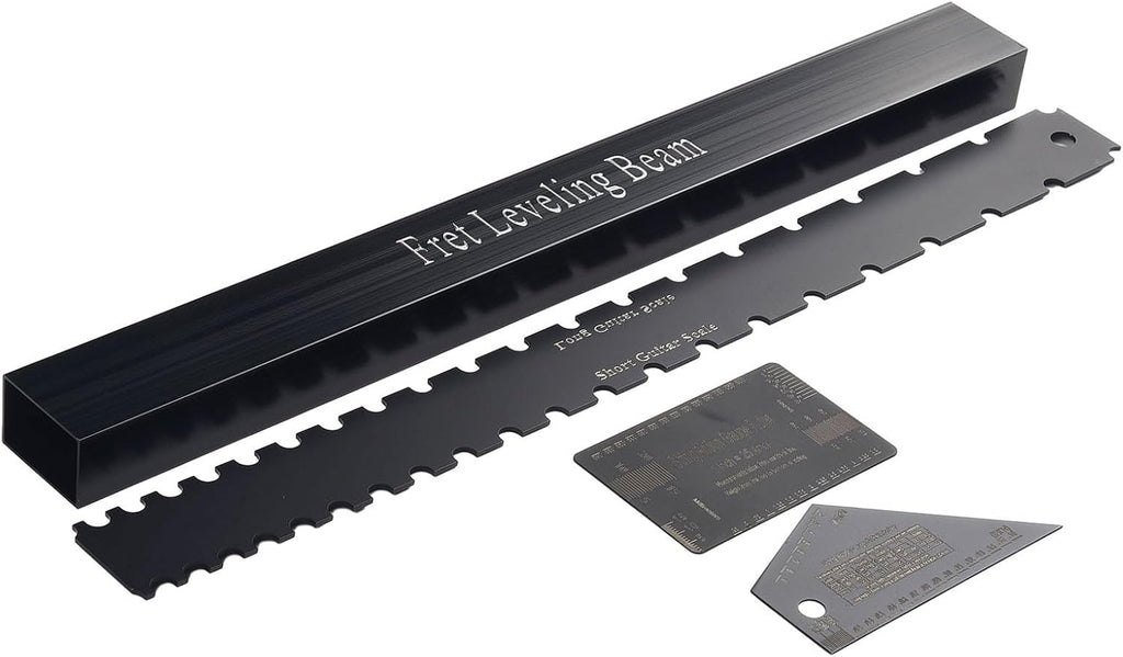 Black 4-Piece Luthier Tool Kit – Stainless Steel Notched Straight Edge + Fret Leveling Ruler + String Action Gauge – For Guitar Fretboard Repair & Maintenance
