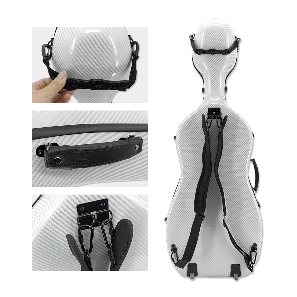 Cello Case 1/2 size With Wheels Carbon Fiber Lightweight Durable Hard Shell Travel Case,Waterproof with Carry Straps Gift for Birthday/Christmas (white)