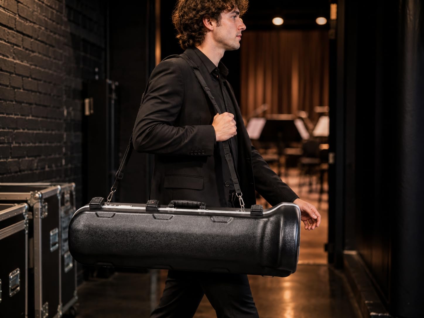 Crossrock Tenor Trombone Flight Case — Fits Bb Tenor with F-Attachment | Shockproof Design, Security Lock, Plush Interior, Single Shoulder Strap & Accessory Compartment (CRA862TBBK)