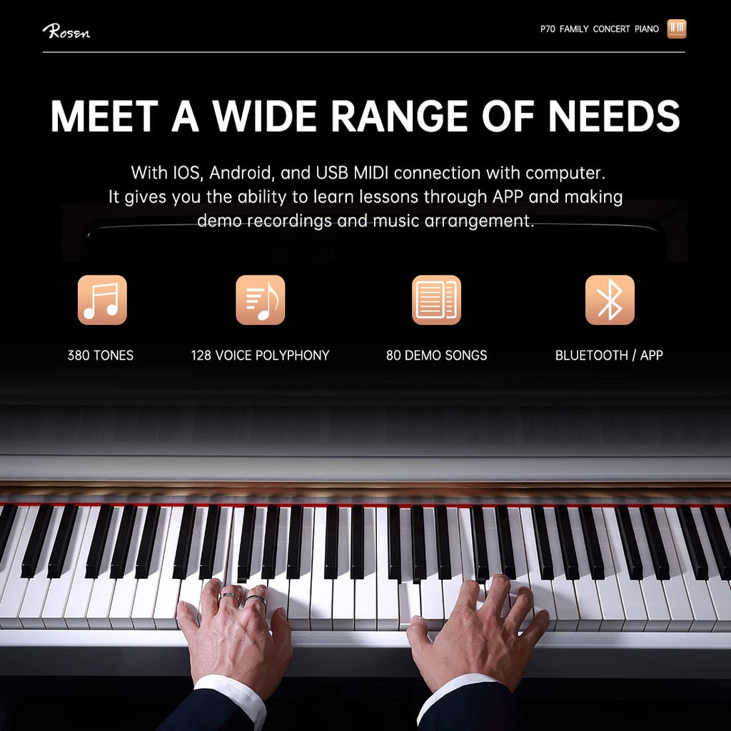 Rosen P70 Digital Piano 88 Key Home Piano Full Size Weighted Keyboard with Stand Premium Upright for Beginner Professional luxury Electric Keyboard with Triple Pedal (white)
