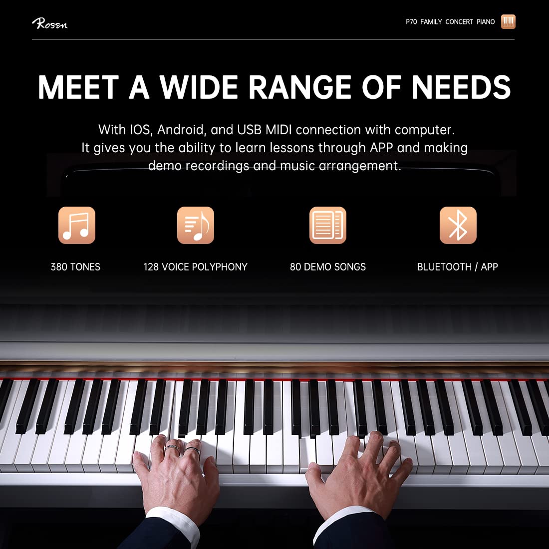Rosen P70 Digital Piano 88 Key Home Piano Full Size Weighted Keyboard with Stand Premium Upright for Beginner Professional luxury Electric Keyboard with Triple Pedal (white)