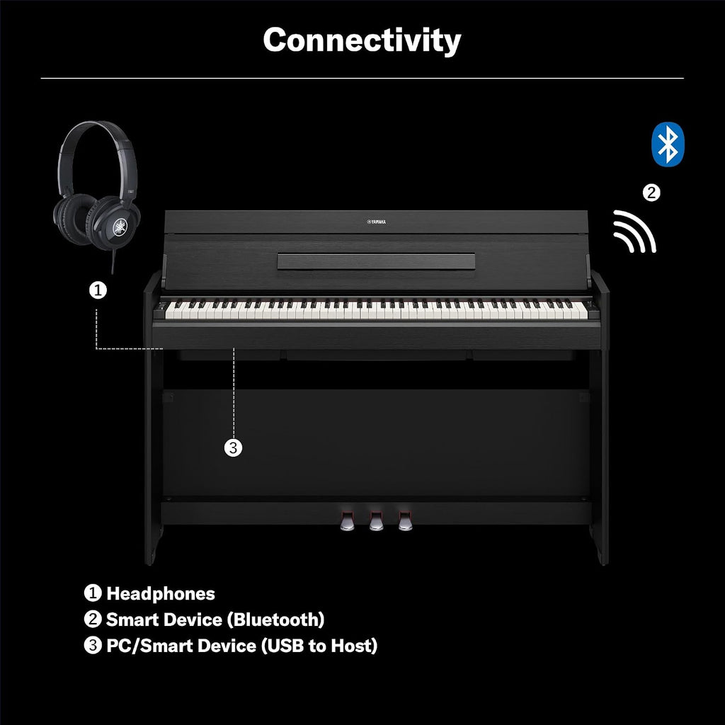 Yamaha Arius Compact Upright Digital Piano Keyboard For Apartments and Small Spaces, 88-Key Weighted GrandTouch-E Action, Touch Response, Grand Piano Sound, 3-Pedal Unit in Black YDP-S56B