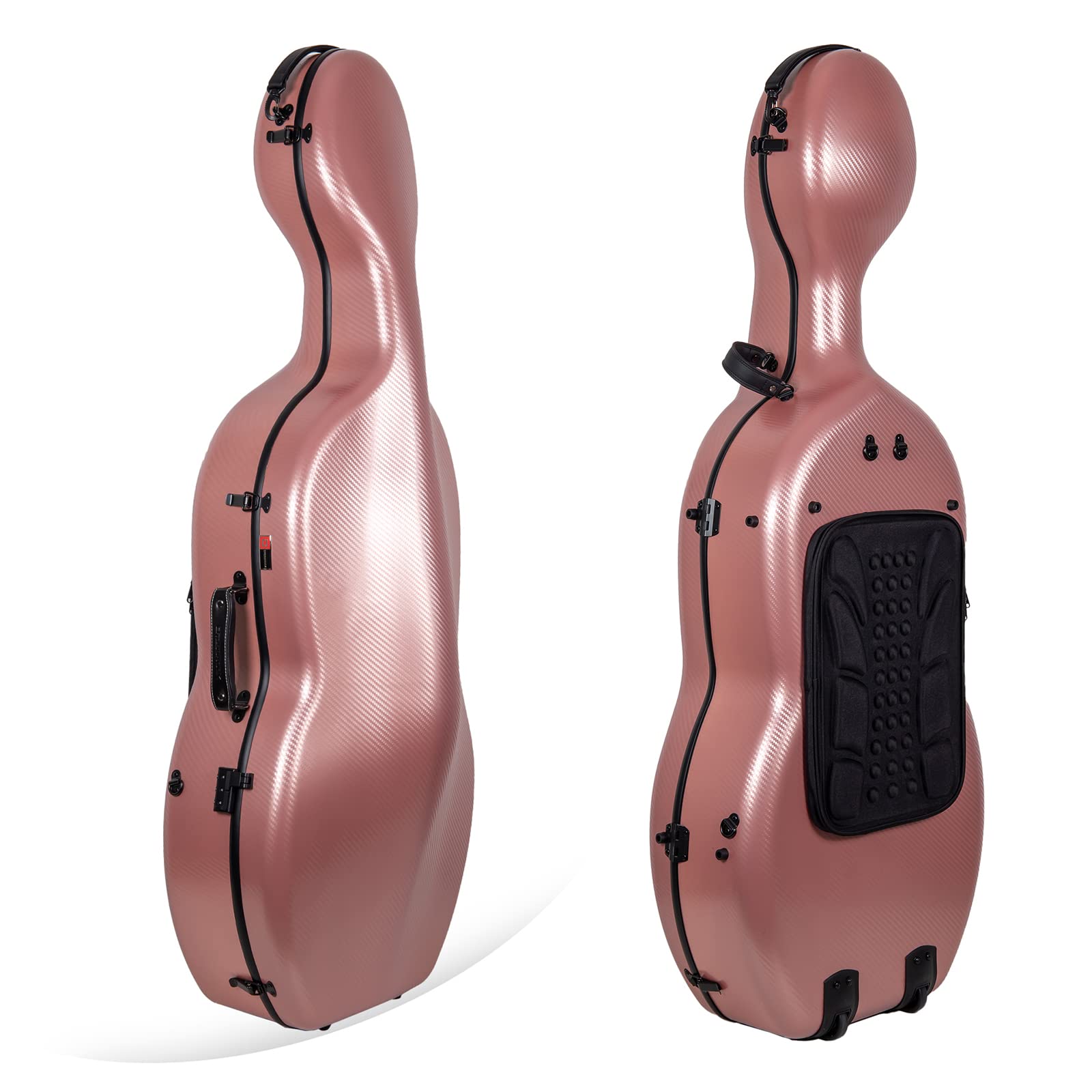 Crossrock Poly Carbon Cello Case for 4/4 Full-Size | Matte Rose Gold Finish, Black Velvet Interior, Wheels & Bow Storage – Durable Lightweight Hardshell