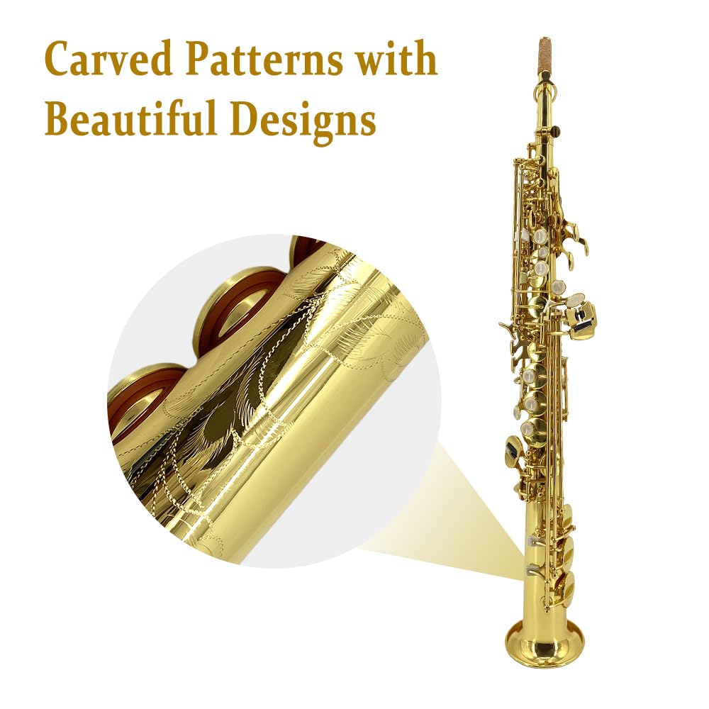 Straight Soprano Saxophone Bb B Flat Sax with Case, Mouthpiece,Reeds & Accessories Brass Woodwind Instrument for Beginners,Adults & Advanced Players