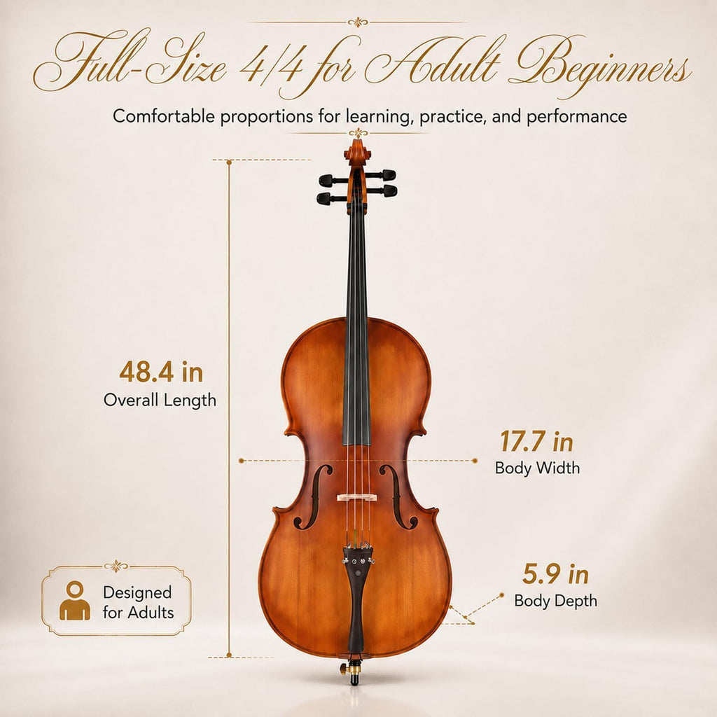 Cello 4/4 Full Size, Beginner Cello Instrument for Adults, Acoustic Cello Set with Padded Bag, Extra Strings, Bridge, Bow & Rosin – for Lessons, Home Practice & School Orchestra, Matte Natural