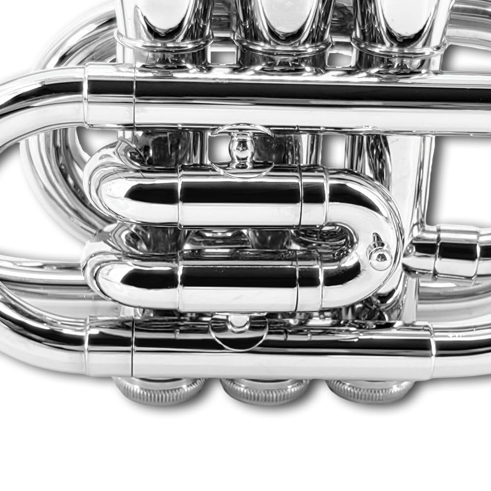 Pocket Trumpet Bb Flat Brass Trumpet for Beginner Student with 7C Mouthpiece Carrying Hard Case Cleaning Cloth Gloves