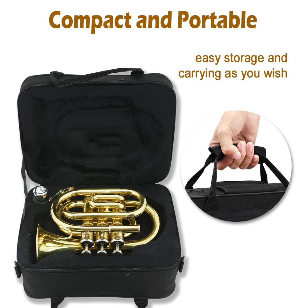 Bb Pocket Trumpet - Brass Pocket Trumpet B Flat Nickel Plated, 7C Mouthpiece, Complete Beginner Kit - Includes Hard Carrying Case, Cleaning Kit, Gloves, golden
