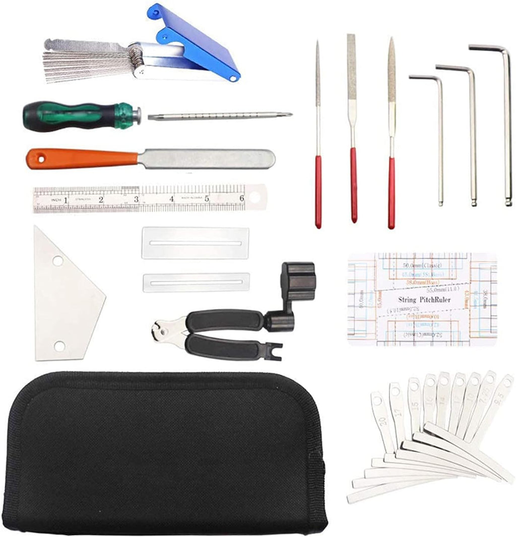 25Pcs Guitar Repairing Tools Kit Setup Kit Includes Carry Bag String Organizer Fingerboard Protector String Action Ruler Gauge for Guitar Ukulele Bass Mandolin Banjo