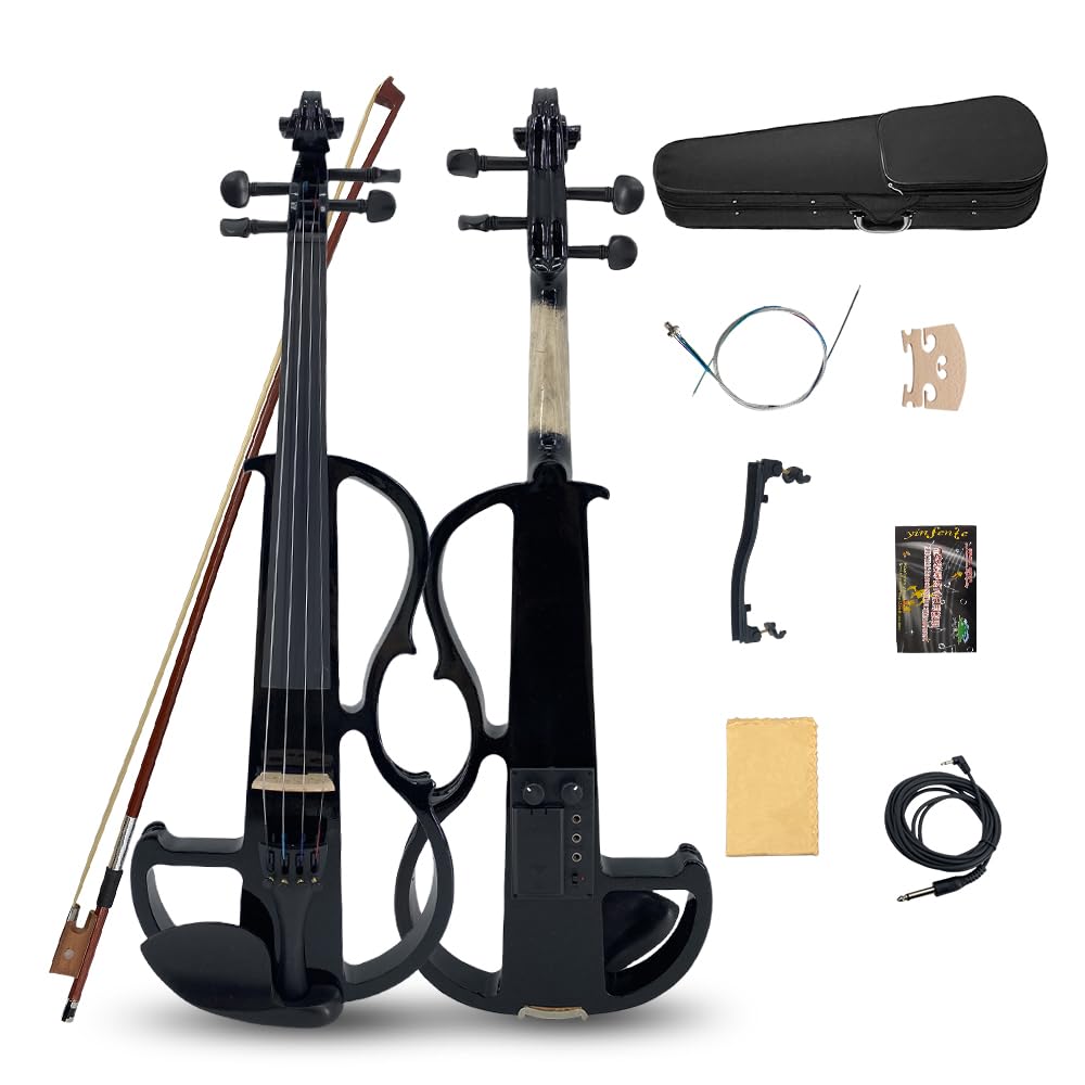 4/4 Full Size Electric Violin – Silent Electric Violin with Headphone Jack, Ebony Fittings – Includes Case, Bow, – Ideal for Practice & Performance (Black)