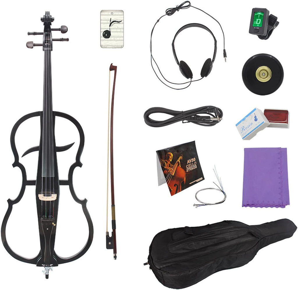 4/4 Solid Wood Electric Cello Violoncello Ebony Fittings Style 1 Tuner Headphone Gig Bag