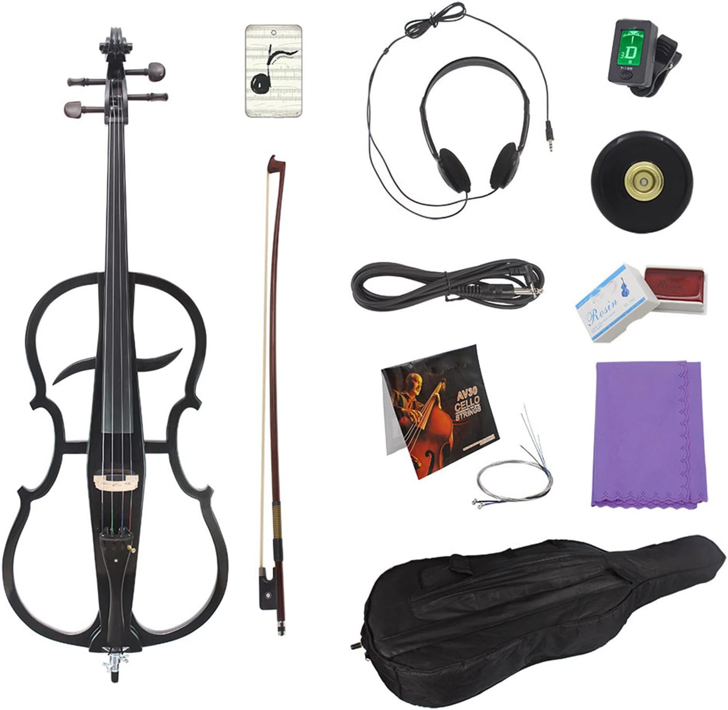 4/4 Solid Wood Electric Cello Violoncello Ebony Fittings Style 1 Tuner Headphone Gig Bag