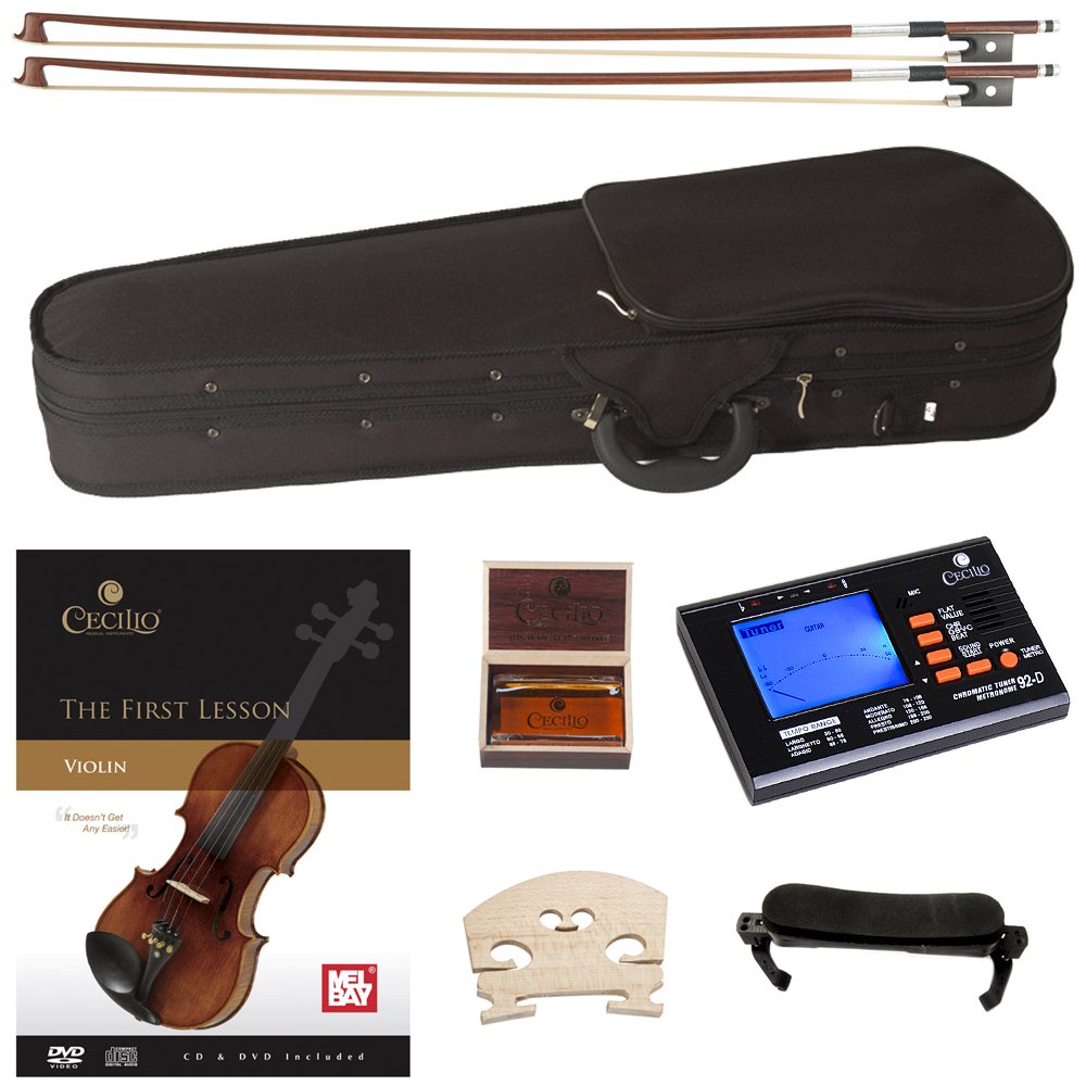Cecilio 1/2 Size Natural Varnish Violin for Beginners, Hand-Carved Solid Spruce Top, Maple Back & Sides, Full Fiddle Kit with Hard Case, Bows, Rosin, Shoulder Rest, Lesson Book