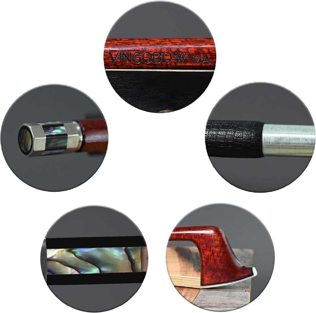 Cello Bow 4/4 Size Carbon Fiber Core Wood Skin Hybrid VINGOBOW 120C Master Level Ebony Frog Well Balanced Pernambuco Performance Sweet Warm Tone Mongolian Horse Hair