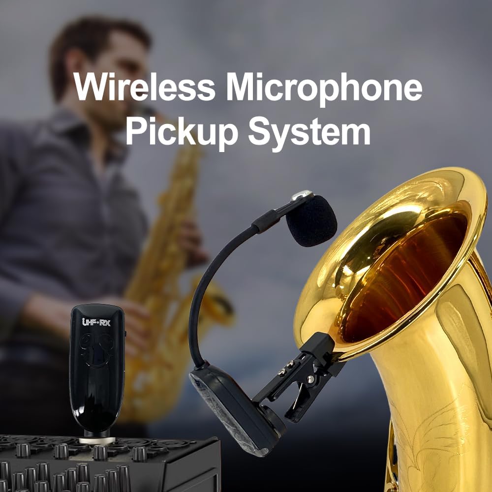 UHF Wireless Clip-on Saxophone Microphone System | 164ft Range Instrument Mic with Plug-and-Play Transmitter & Receiver for Sax, Trumpet, Trombone, French Horn