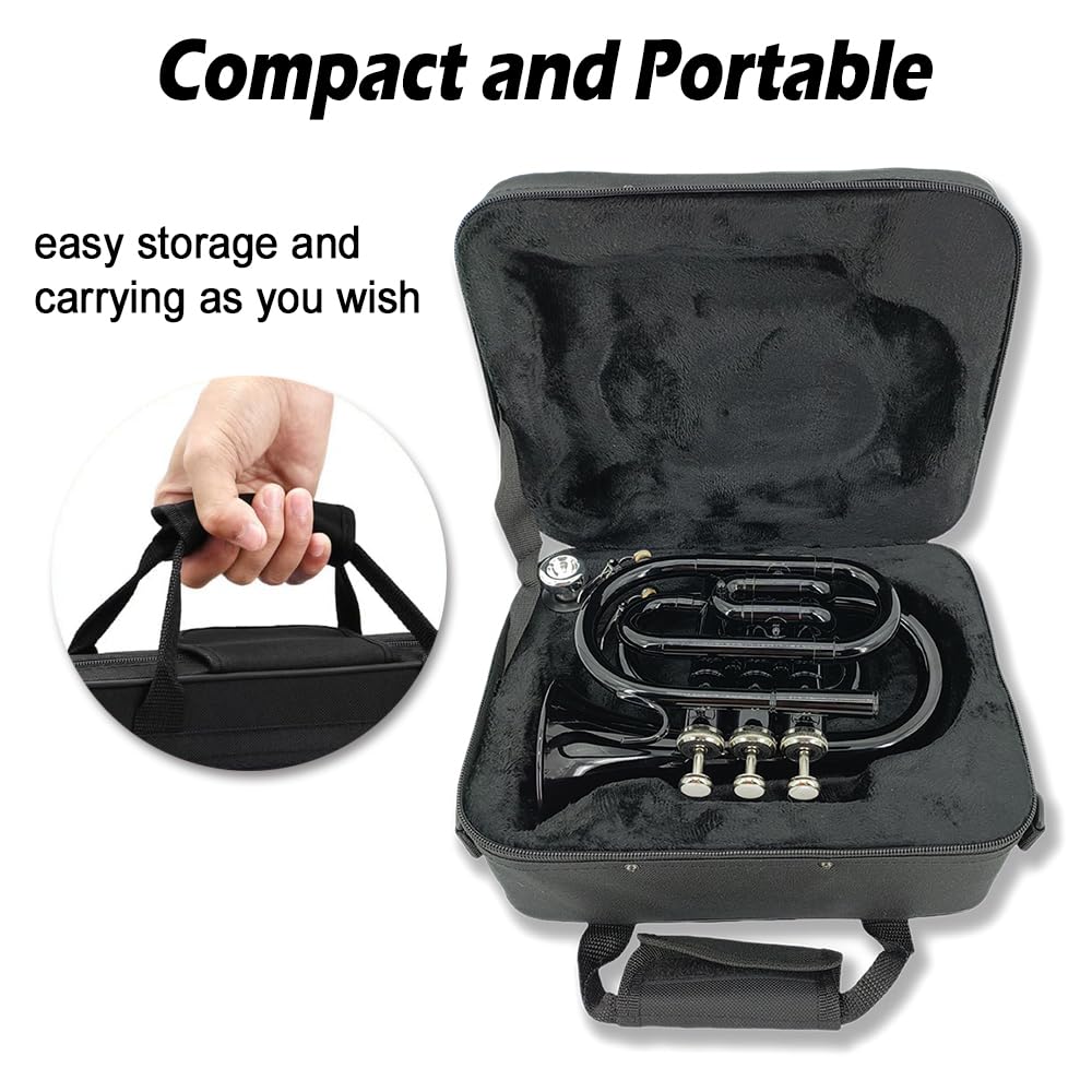 Bb Pocket Trumpet - Brass Pocket Trumpet B Flat Nickel Plated, 7C Mouthpiece, Complete Beginner Kit - Includes Hard Carrying Case, Cleaning Kit, Gloves, golden