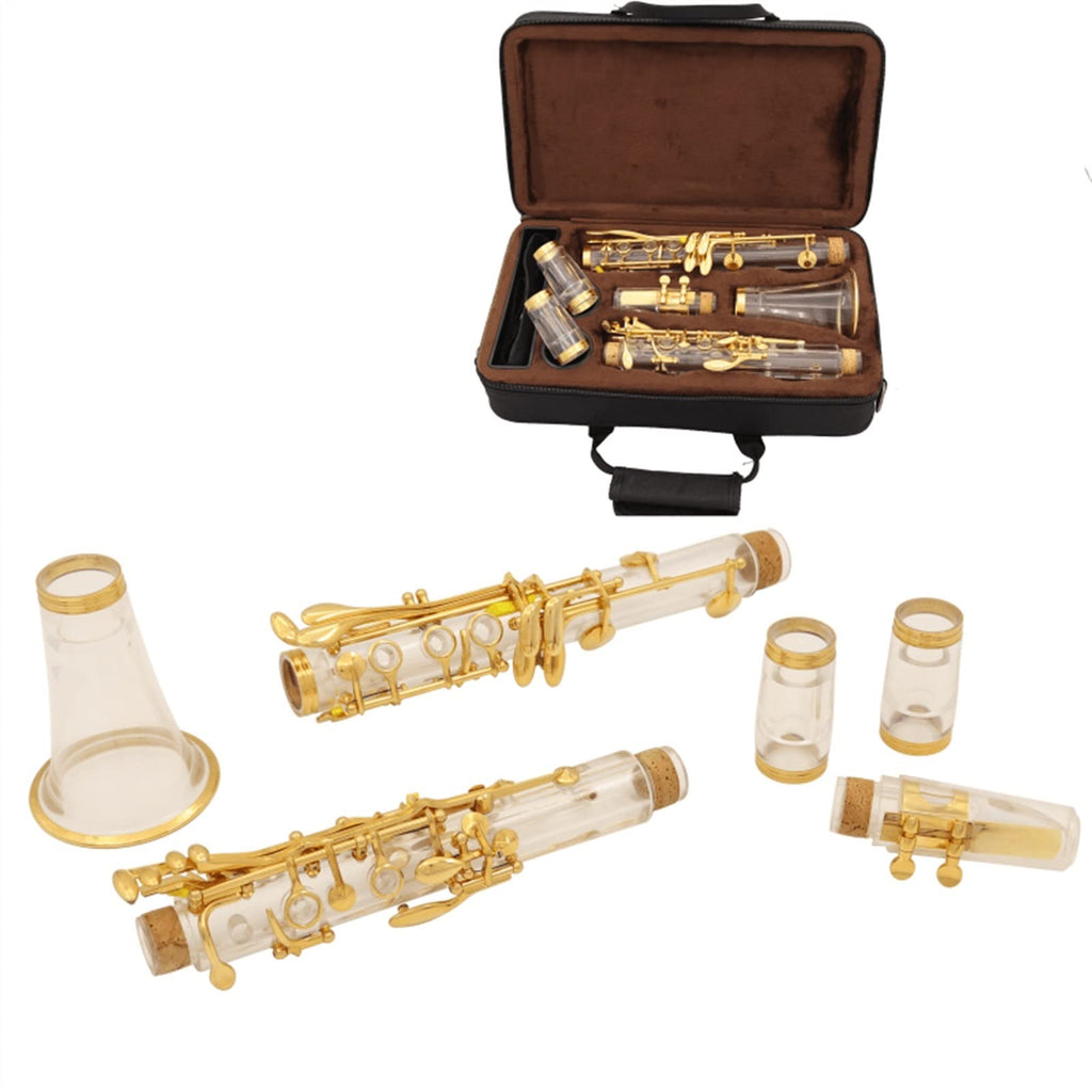 Transparent Bb Clarinet 17 Key Acrylic Body Clarinet with Silver Plated or Gold Plated Keys, Adjustable Thumb Rest, Beginner Student Band Orchestra Wind Instrument (Gold)