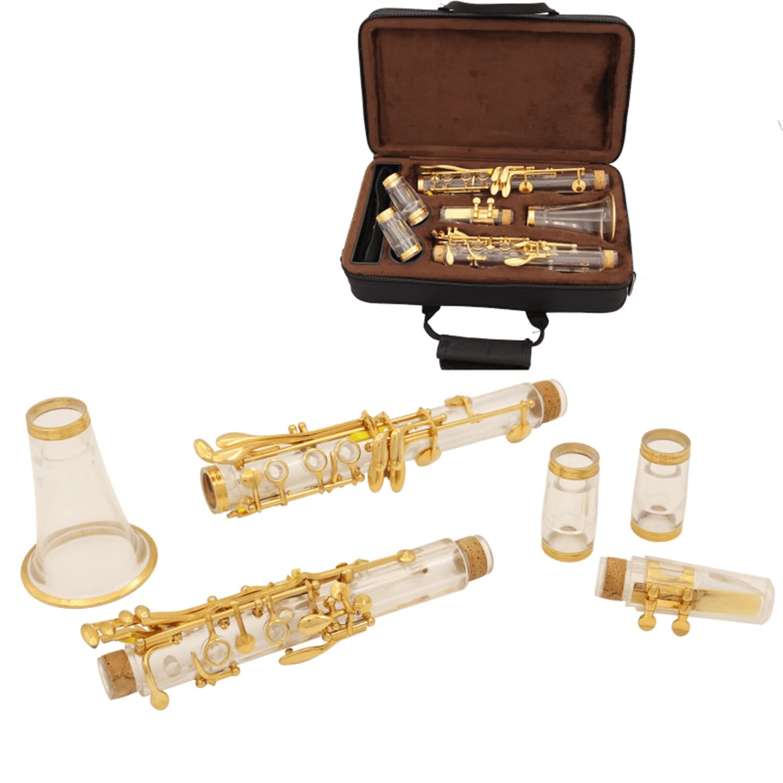 Transparent Bb Clarinet 17 Key Acrylic Body Clarinet with Silver Plated or Gold Plated Keys, Adjustable Thumb Rest, Beginner Student Band Orchestra Wind Instrument (Gold)
