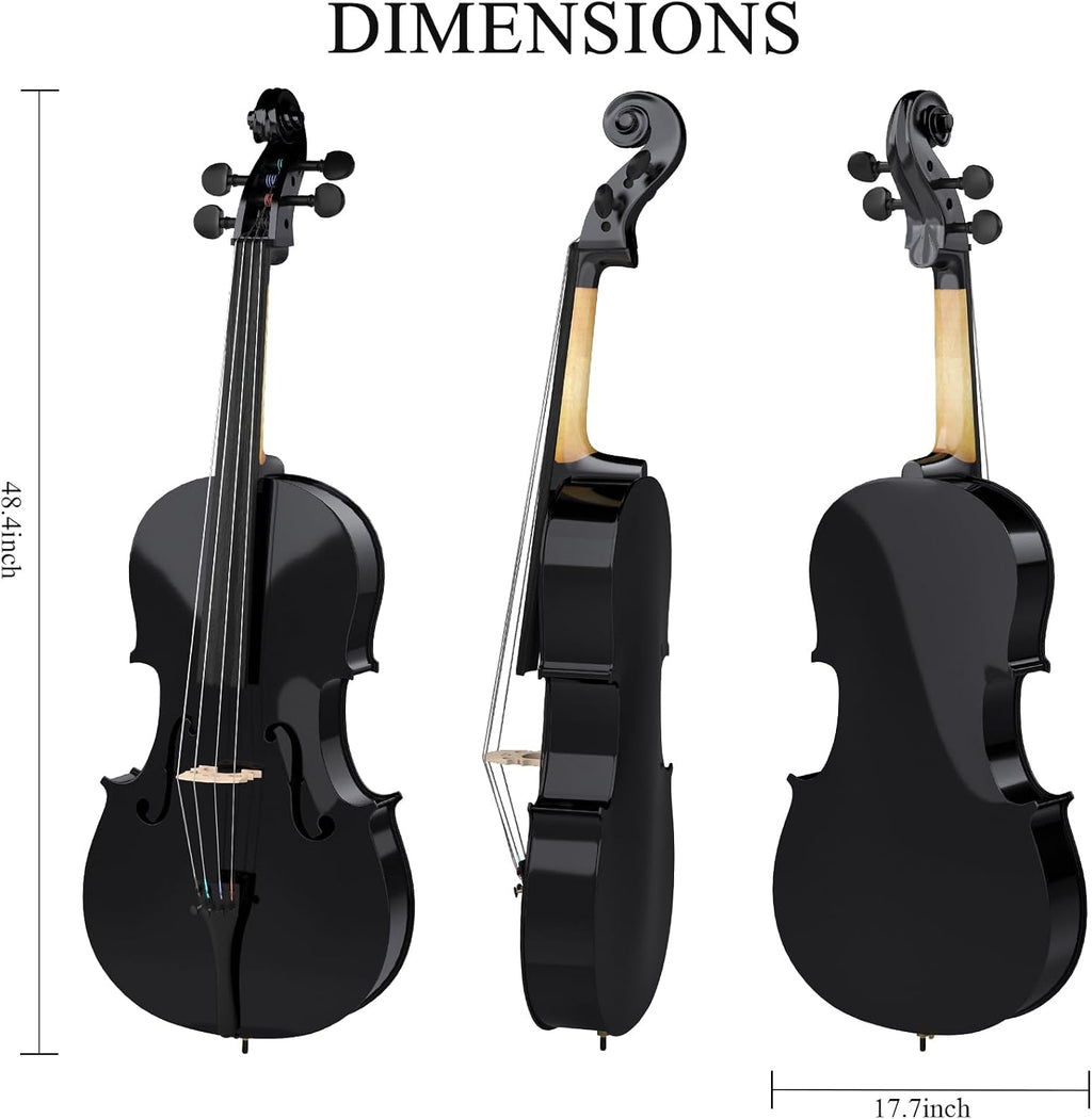 Full Size Cello Kit, Acoustic Cello Instrument for Adults,Students,Beginners,Complete Cello 4/4 Set with Portable Bag, Bow, Rosin (Black)