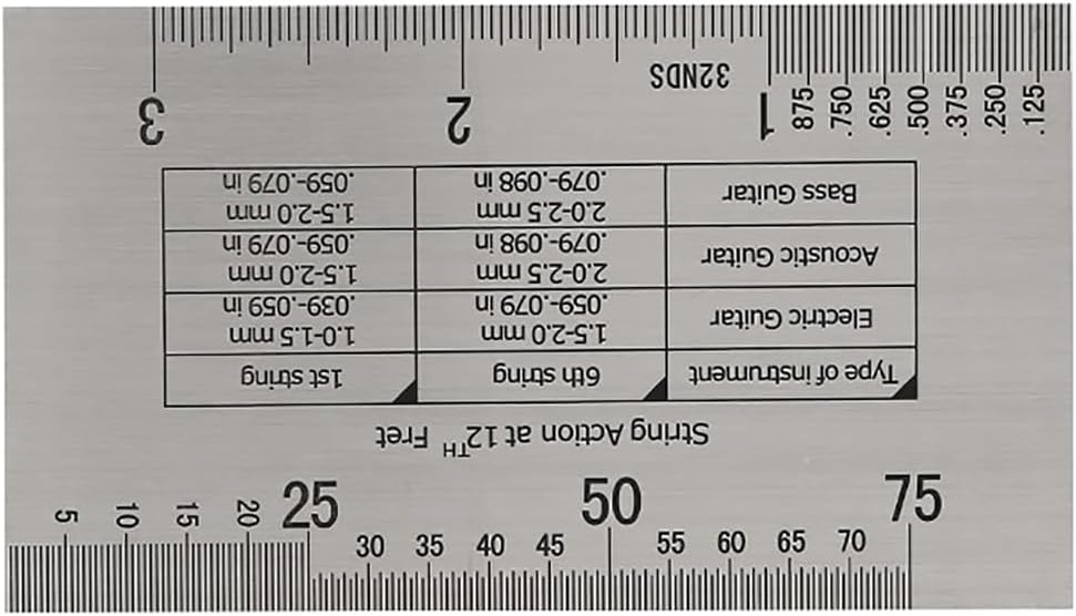Stainless Steel Guitar Notched Straight Edge Ruler with String Action Height Gauge, 25.5 and 24.75 Inch for and Fretboard Setup