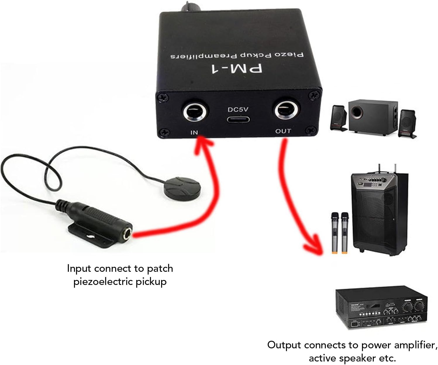Piezo Pickup Preamp Amplifier for Guitar Cello Violin Ukulele Mandolin with Type C Charging Cable 10 Hours Battery Life