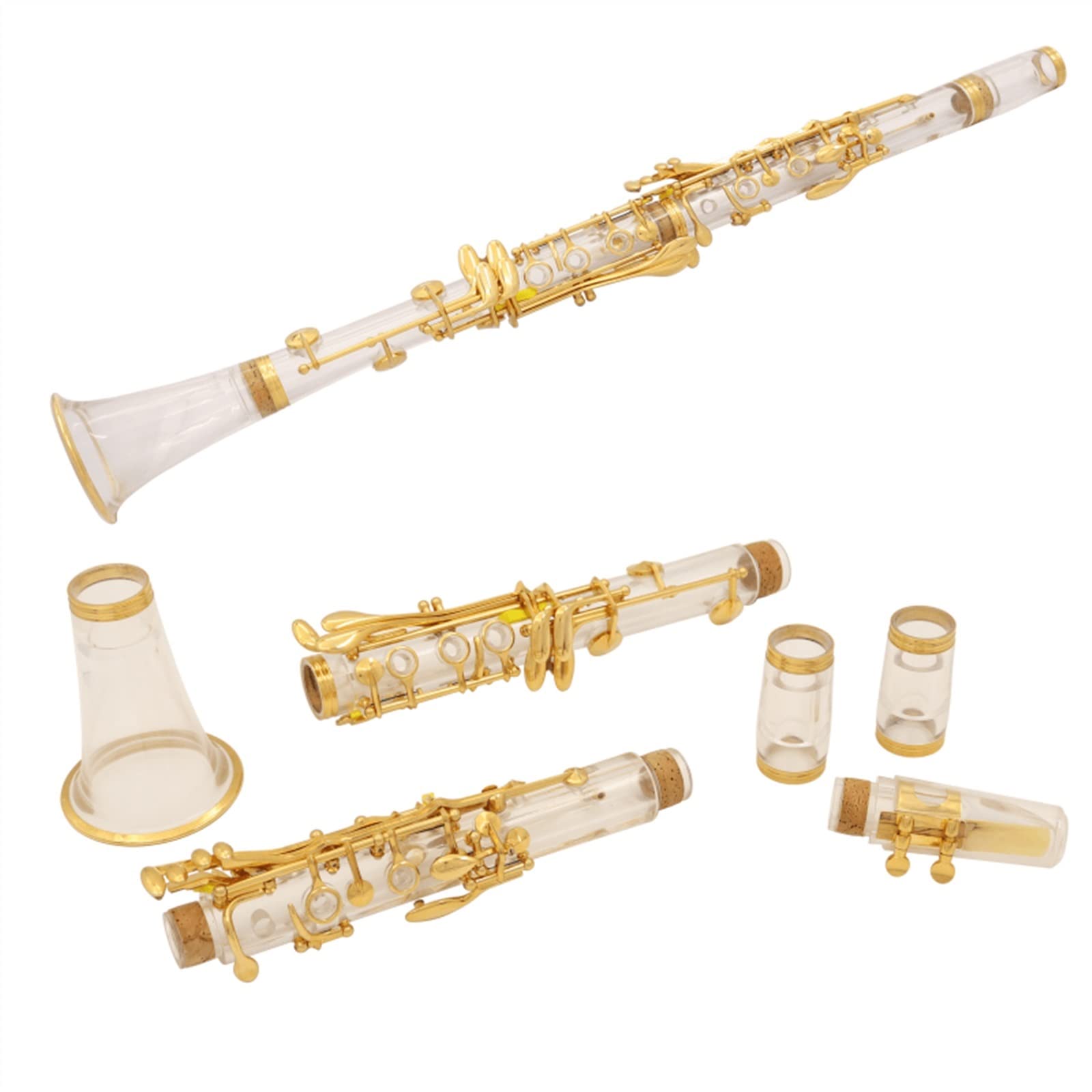 Transparent Bb Clarinet 17 Key Acrylic Body Clarinet with Silver Plated or Gold Plated Keys, Adjustable Thumb Rest, Beginner Student Band Orchestra Wind Instrument (Gold)