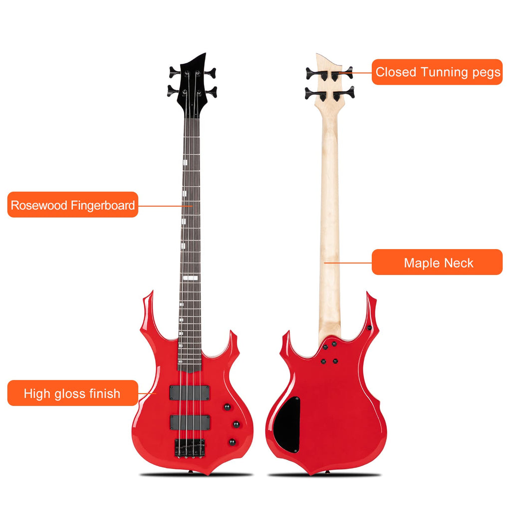 Ktaxon Electric Bass Guitar Full Size Flame Design Bass Set with 20 Watt Amplifier, Portable Bass Bag, Superior Amp Wire, Adjustable Guitar Strap, Plectrum, Wrench Tool(Matte Black)