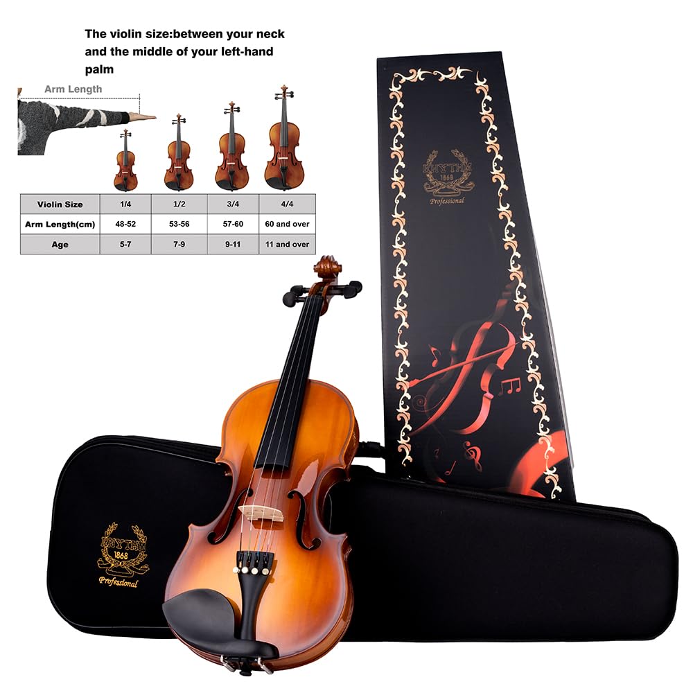 Rhythm Violin Set for Beginners,Acoustic Violins Starter Kit Package for Student,Beginners Fiddle with Hard Case, Rosin, Shoulder Rest, Bow, and Extra Strings (NATURAL, Full)