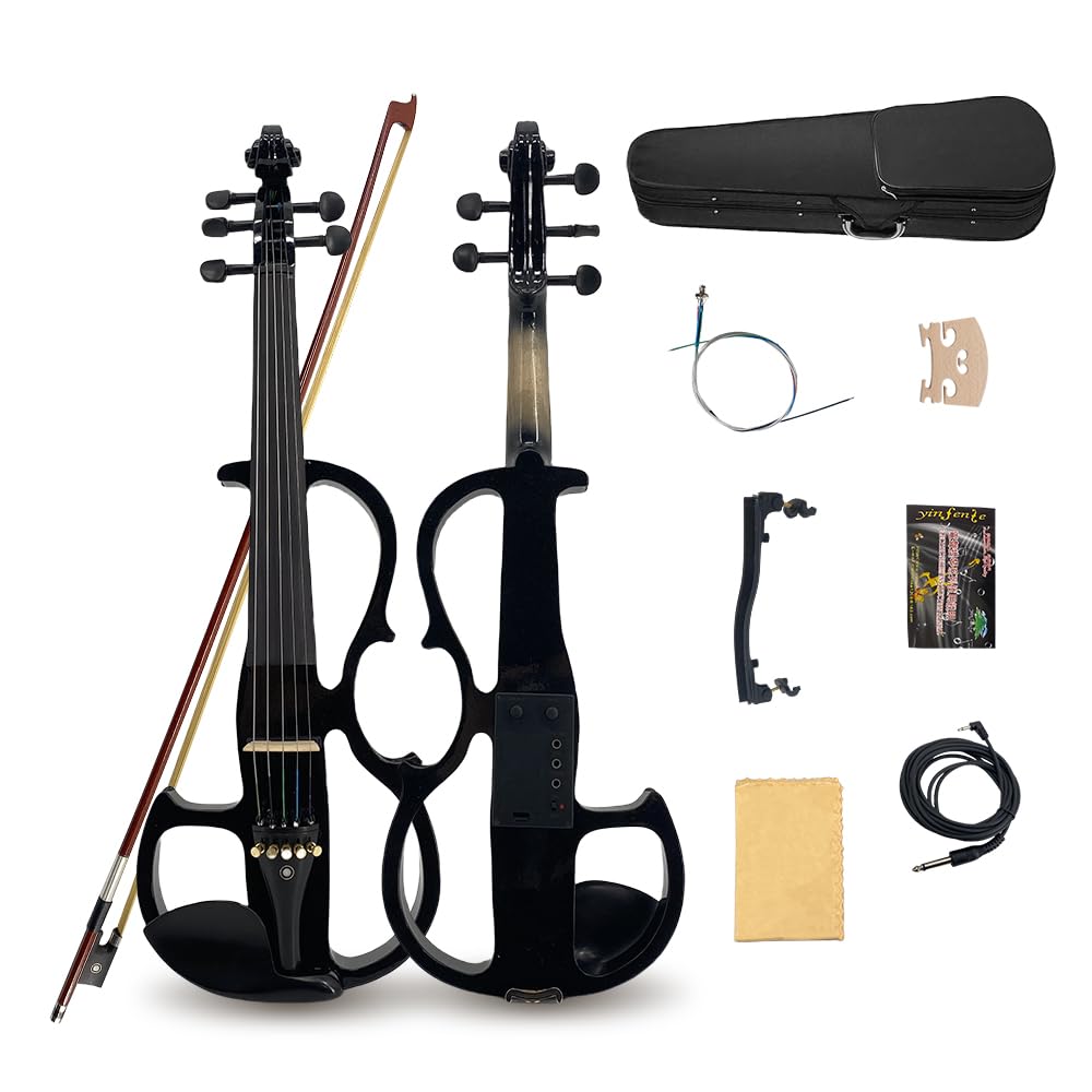 4/4 Full Size Electric Violin – Silent Electric Violin with Headphone Jack, Ebony Fittings – Includes Case, Bow, – Ideal for Practice & Performance (Black)