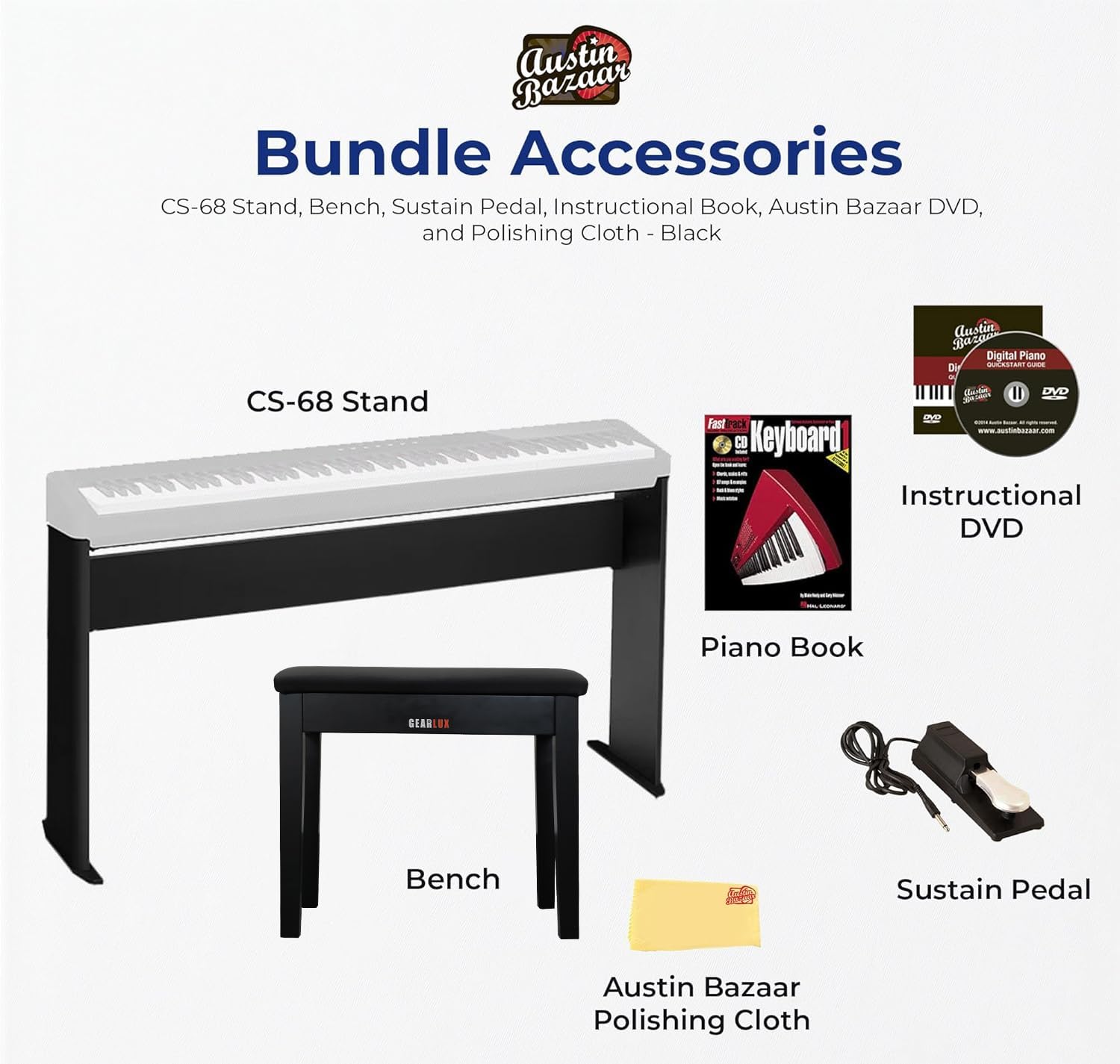 Casio PX-S1100 Privia Digital Piano - Black Bundle with CS-68 Furniture Stand, SP-34 Three Pedal System, Furniture Bench, Instructional Book, Instructional Video, and Austin Bazaar Polishing Cloth