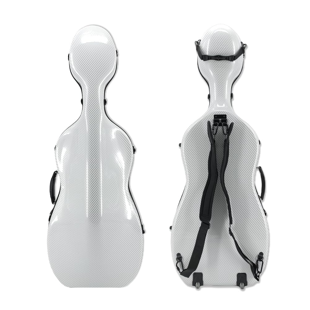 Cello Case 1/2 size With Wheels Carbon Fiber Lightweight Durable Hard Shell Travel Case,Waterproof with Carry Straps Gift for Birthday/Christmas (white)