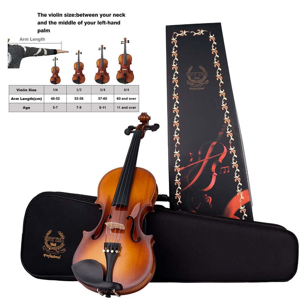 Rhythm Violin Set for Beginners,Acoustic Violins Starter Kit Package for Student,Beginners Fiddle with Hard Case, Rosin, Shoulder Rest, Bow, and Extra Strings (NATURAL, Full)