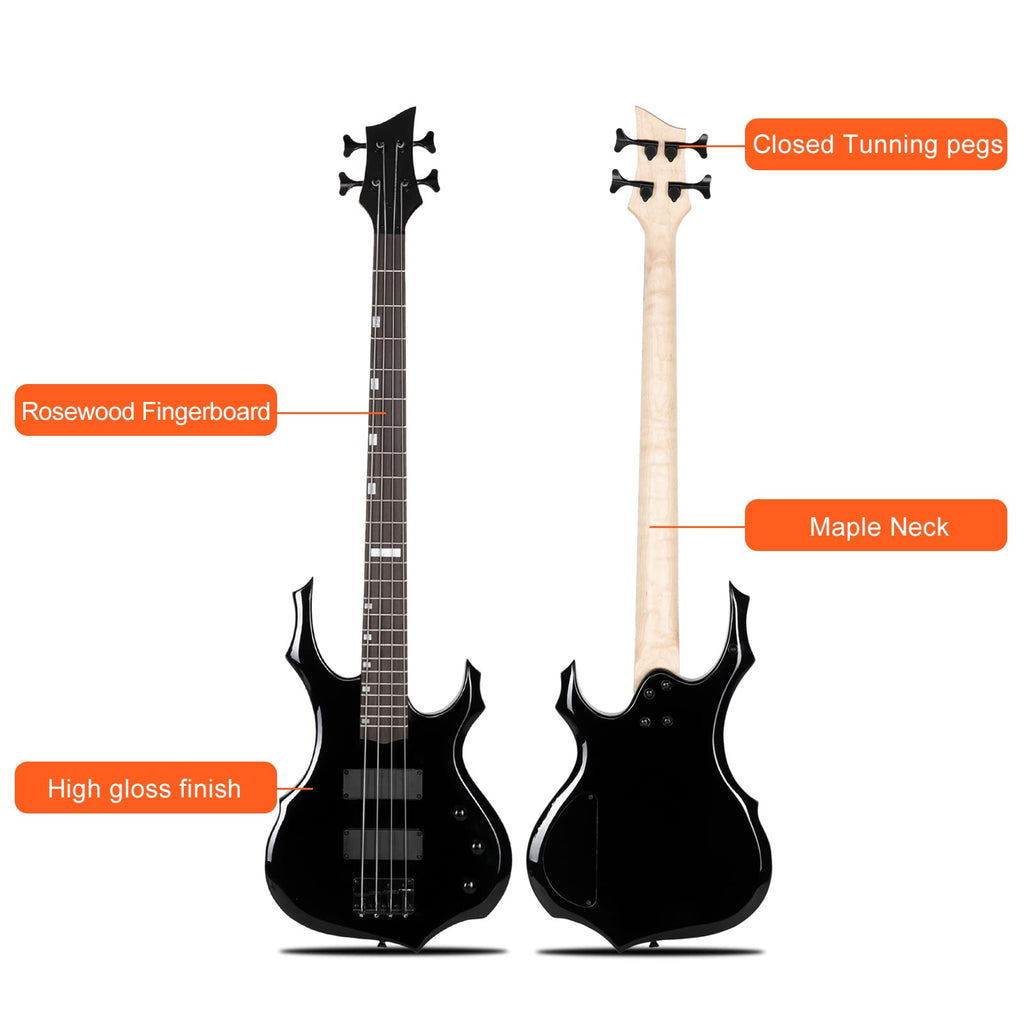 Ktaxon Electric Bass Guitar Full Size Flame Design Bass Set with 20 Watt Amplifier, Portable Bass Bag, Superior Amp Wire, Adjustable Guitar Strap, Plectrum, Wrench Tool(Matte Black)