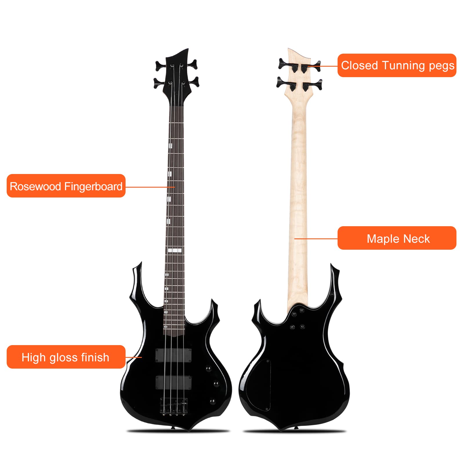 Ktaxon Electric Bass Guitar Full Size Flame Design Bass Set with 20 Watt Amplifier, Portable Bass Bag, Superior Amp Wire, Adjustable Guitar Strap, Plectrum, Wrench Tool(Matte Black)
