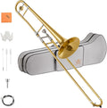 STRICH Bb Tenor Slide Trombone Student Beginner Brass Trombone Kit with 7C Mouthpiece White Gloves Cleaning Kit Hard Performance Case, STB-1G, Gold
