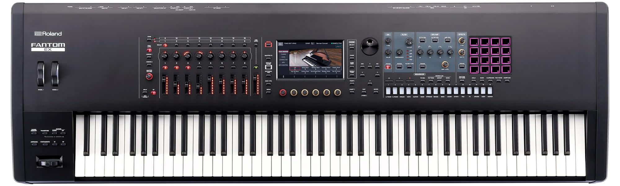 Roland Fantom 8 EX 88-Key Workstation Keyboard Synthesizer Bundle with Adjustable Stand, Sustain Pedal, Online Piano Lessons, Instructional DVD, and Austin Bazaar Polishing Cloth