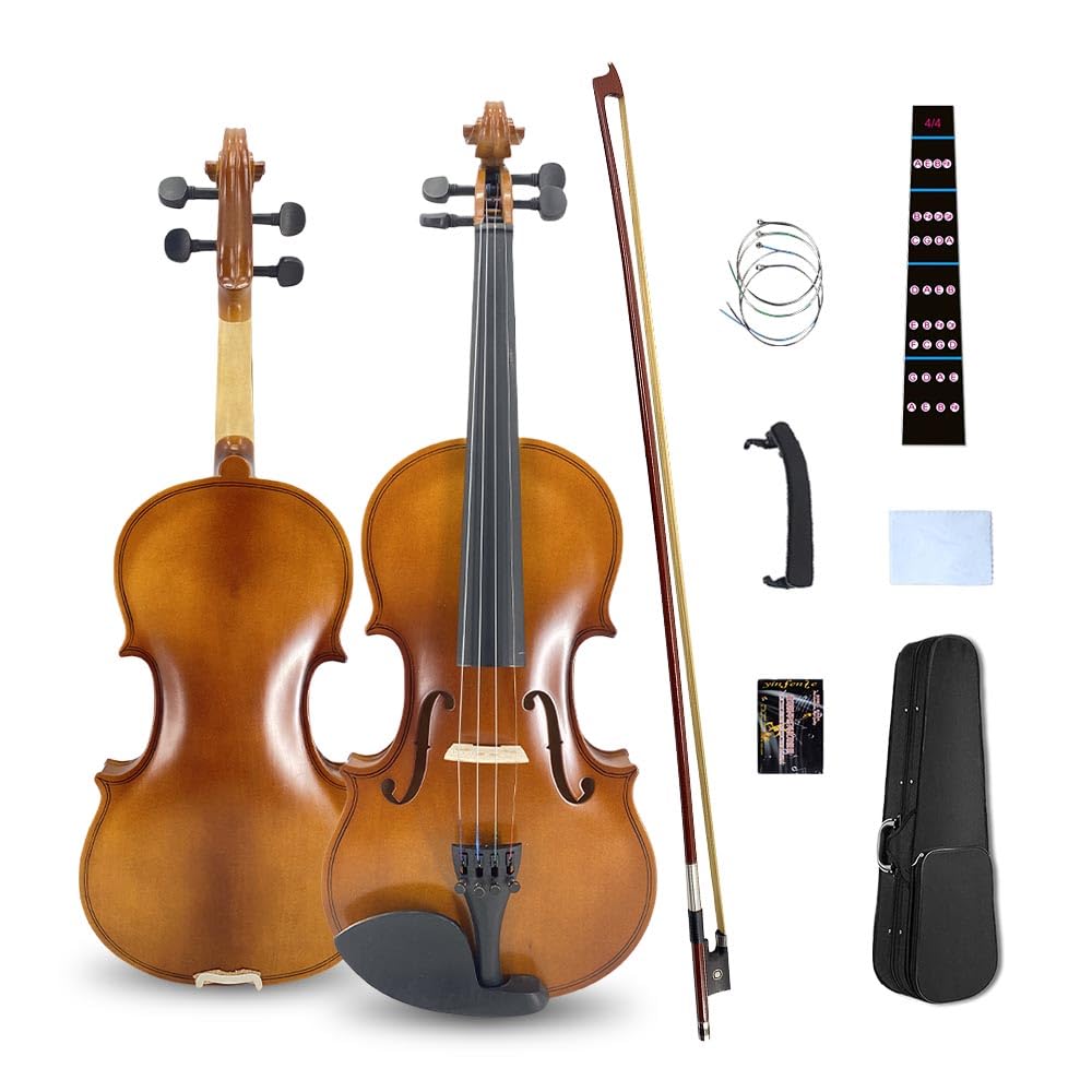 Vetimobato Handmade 4/4 Full Size Violin Set - One-piece Flame Back Maple Neck Solid Wood Fittings Complete Kit with Case Bow Shoulder Rest Strings for Beginners to Intermediate Players (4/4)