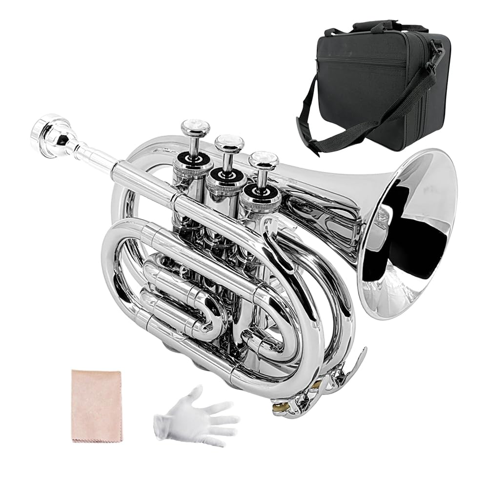 Yinfente Bb Flat Pocket Trumpet Bass Trumpet For Beginner,Student With Cleaning cloth, Silver plated 7C mouthpiece,hard case White gloves (Gold)