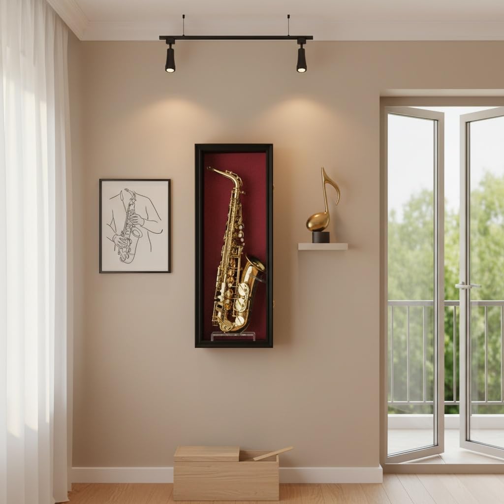 DisplayGifts Saxophone Display Case Saprano Alto Saxophone Stand Holder Wall Mount Shadow Box - 98% UV Protected & Lockable Black Frame