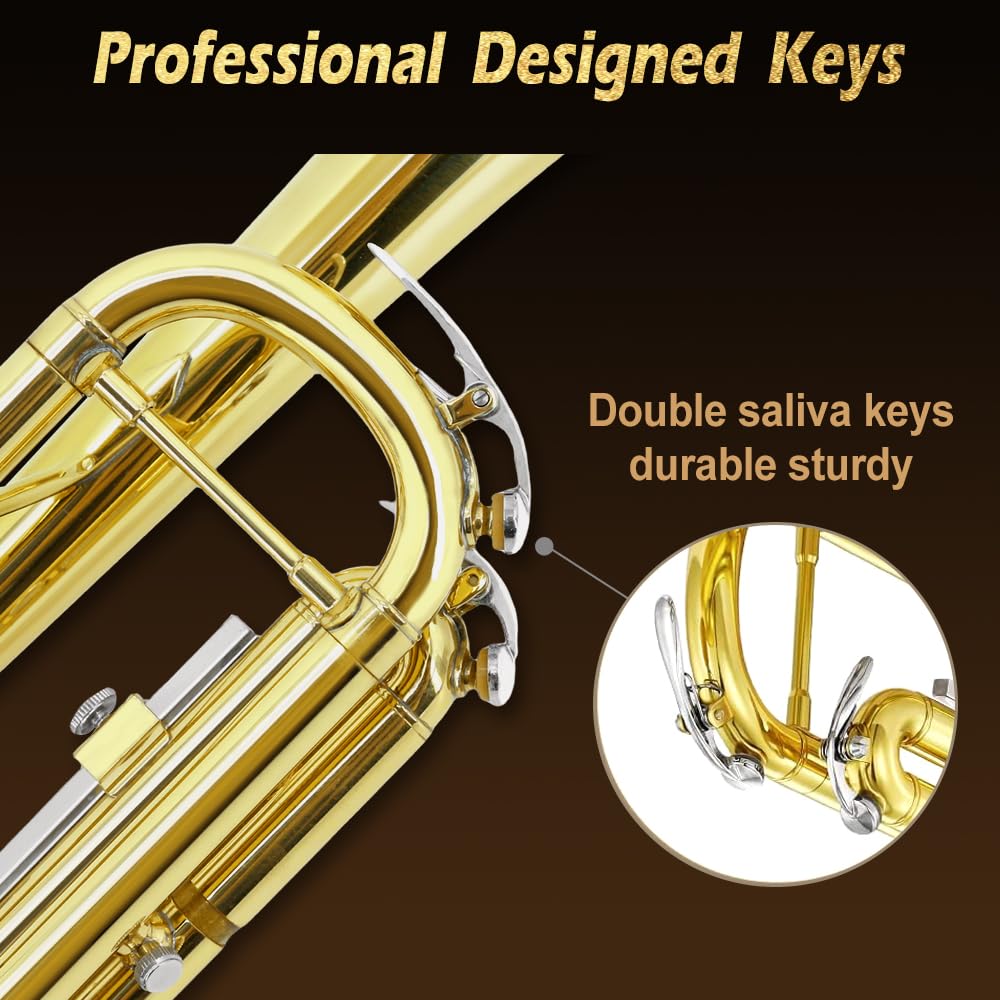 Bb Trumpet for Beginners – Standard B Flat Brass Instrument with 7C Mouthpiece, Hard Case & Cleaning Kit, Student Trumpet for Band Practice, Lessons & Gift (Golden)