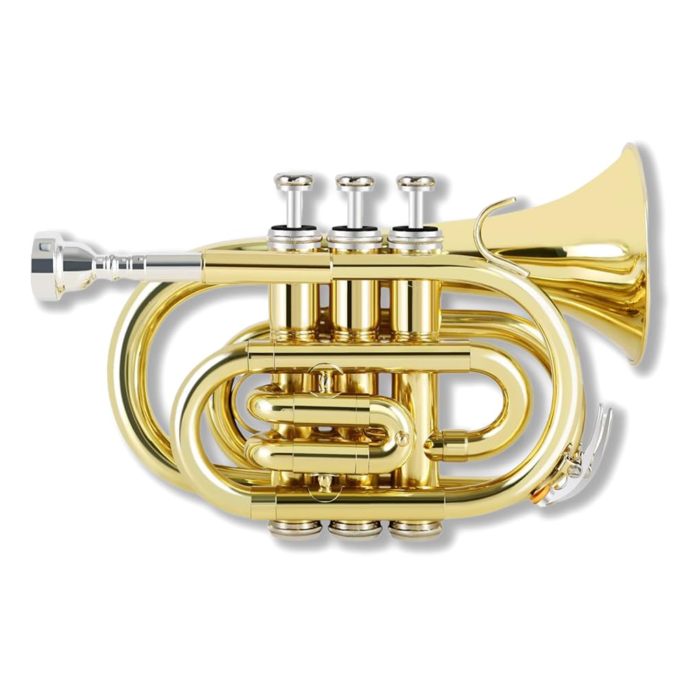 Pocket Trumpet Bb Flat Brass Trumpet for Beginner Student with 7C Mouthpiece Carrying Hard Case Cleaning Cloth Gloves