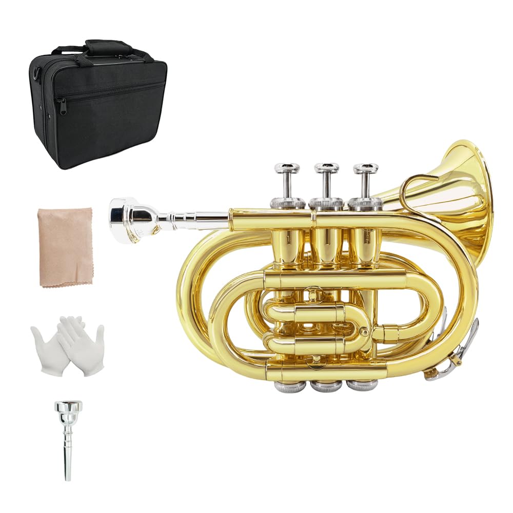 Bb Pocket Trumpet - Brass Pocket Trumpet B Flat Nickel Plated, 7C Mouthpiece, Complete Beginner Kit - Includes Hard Carrying Case, Cleaning Kit, Gloves, golden
