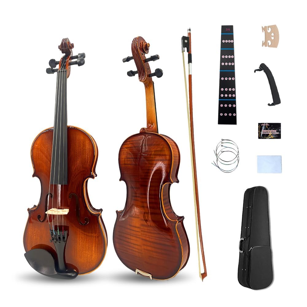 Vetimobato Handmade 4/4 Full Size Violin Set - One-piece Flame Back Maple Neck Solid Wood Fittings Complete Kit with Case Bow Shoulder Rest Strings for Beginners to Intermediate Players (4/4)