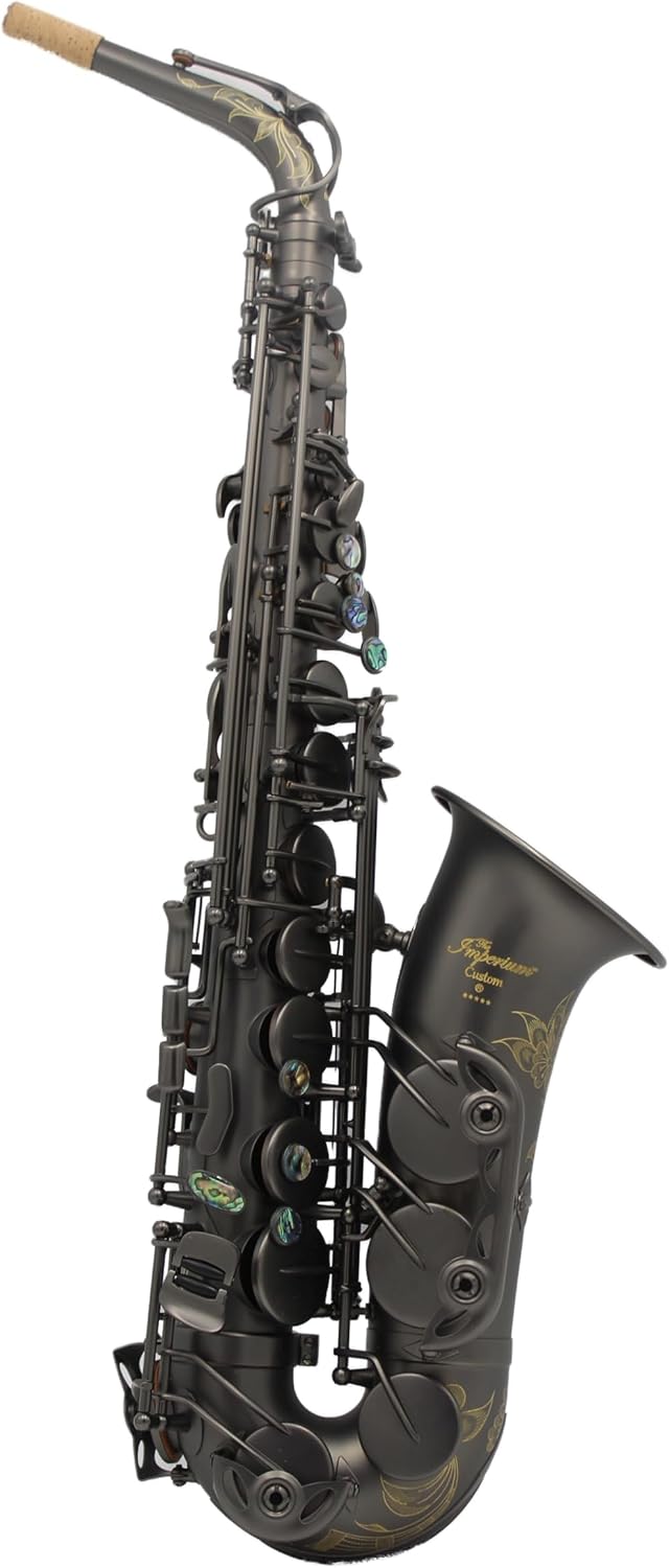 Eastern Music matt black alto saxopone with flower engravings.