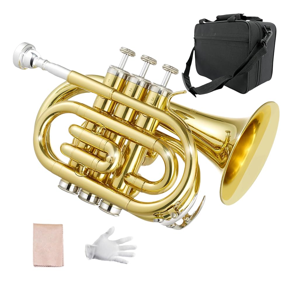 Yinfente Bb Flat Pocket Trumpet Bass Trumpet For Beginner,Student With Cleaning cloth, Silver plated 7C mouthpiece,hard case White gloves (Gold)