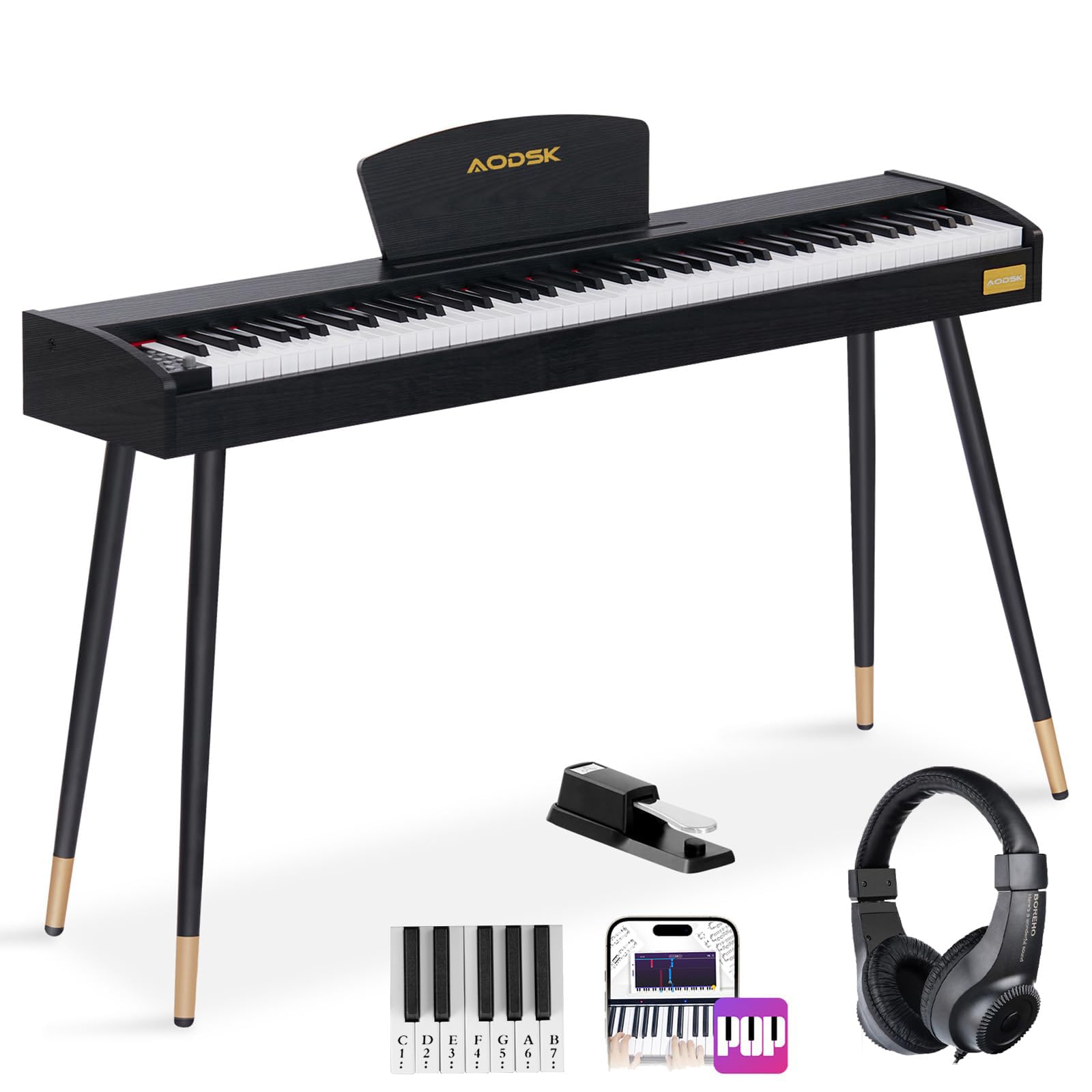 AODSK Digital Piano 88 Key Full Size Weighted Keyboard Overall Solid Wood Frame for Beginners with Sheet Music Stand Triple Pedal Power Adapter