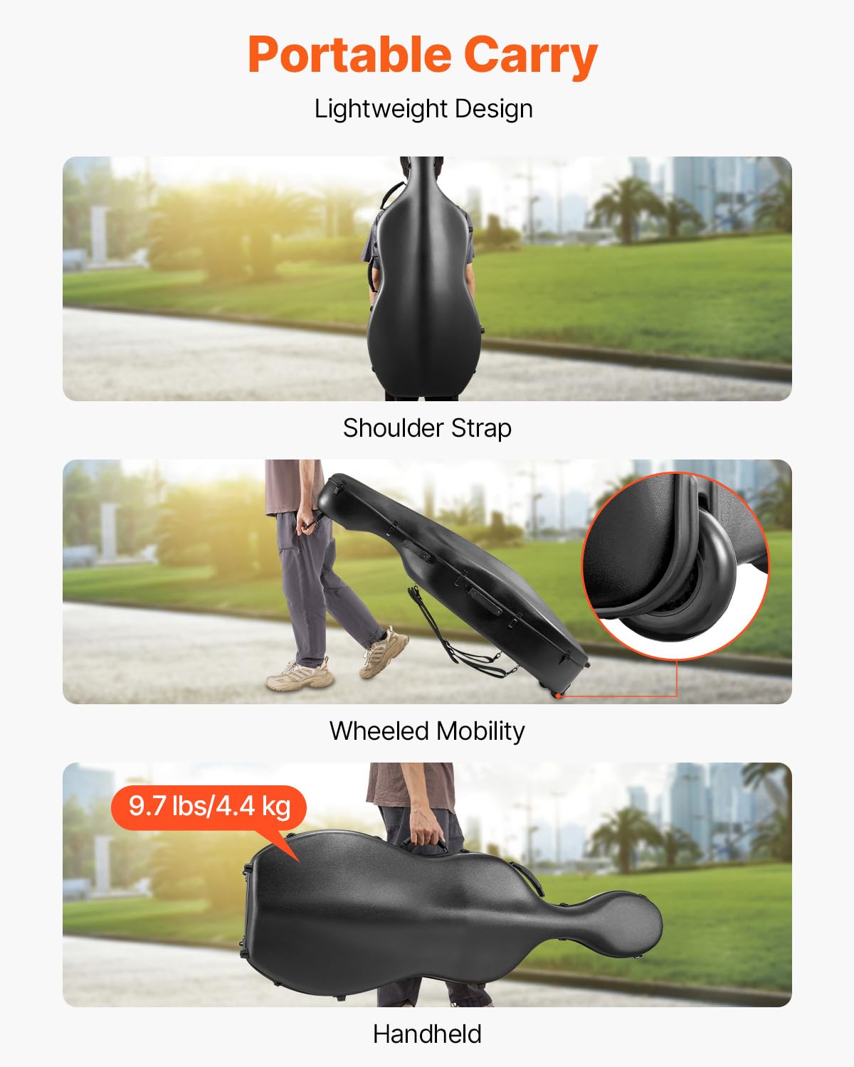 VEVOR 4/4 Full Size Cello Case, Lightweight Portable Travel Carrying Bag, with Dual Shoulder Straps, Anti-Scratch, Professional Cello-Shape, for Cello, Black